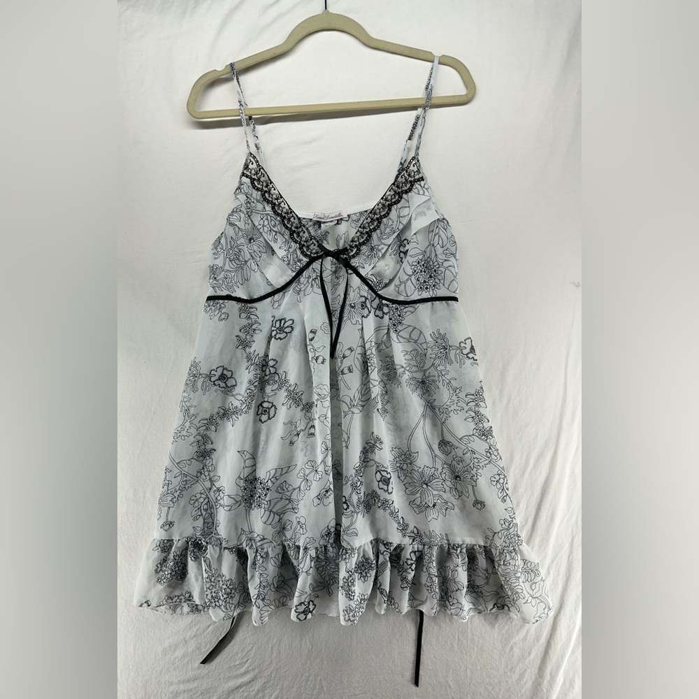Linea Donatella Pleated Babydoll Chemise Lingerie White Black‎ Floral Sheer L